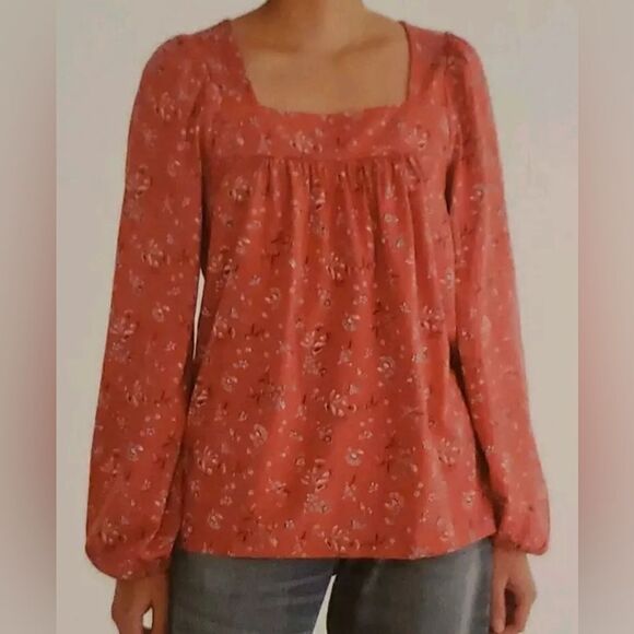 Lucky Brand Long Sleeve Top, Square Neck, Red Floral Pattern, Boho Small - Picture 1 of 16